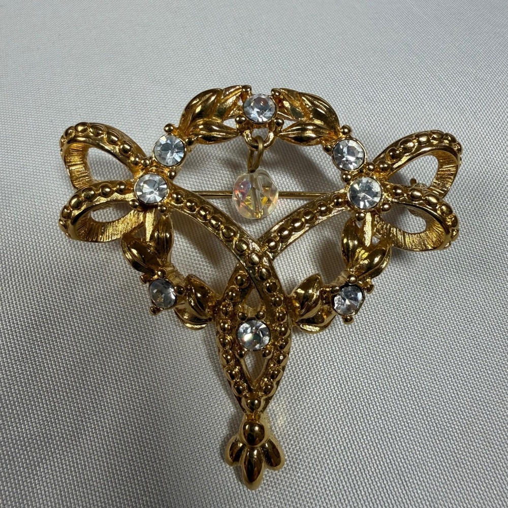 Vintage C.S.T. Rhinestone Gold Tone Brooch‎ Dangle Crystal Ribbon Art Nouveau